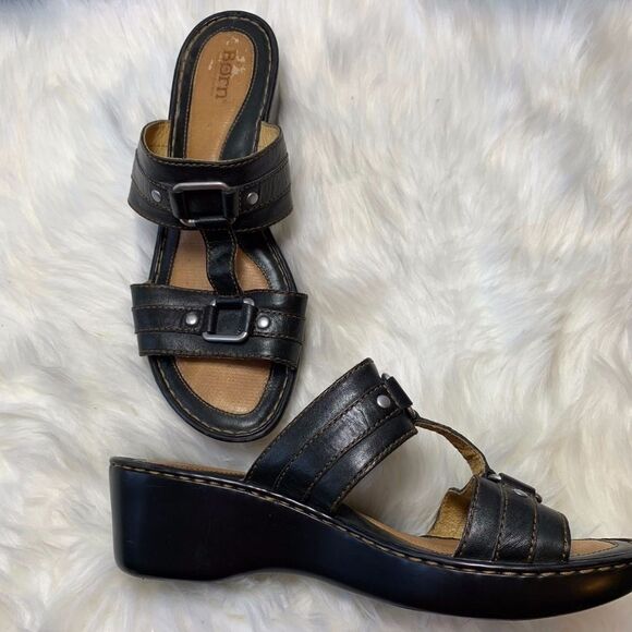 Born Brown Leather Slip On Buckle Sandals … - Picture 1 of 7